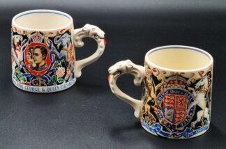 LOT 151 (32907) Est R200 to R400 - A Pair of Commemorative Burleigh Ware 1937 Coronation of King George VI and Queen Elizabeth  Mugs, designed and modelled by Dame Laura Knight D.B.E R.A. (1877 - 1970)