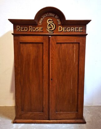 LOT 129 (32891) Est R2000 to R4000 - A Unique Vintage Early 20th Century Teakwood Double Sided Fremason's Union Jack Lodge Presentation Cabinet