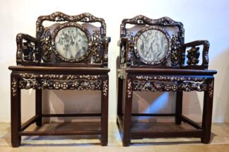 LOT 336 (33016) Est R5000 to R15000 - A Pair of Vintage Rosewood Framed Mother-of-Pearl Inlaid Chinese Dreamstone Armchairs