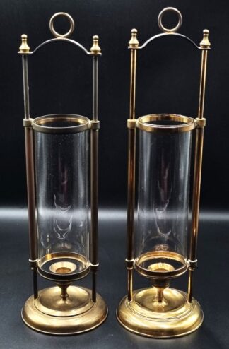 LOT 66 (33046) Est R800 to R1600 - A Graduated pair of Handsome Brassed Metal Georgian-Style Hurricane Candle Table Lamps
