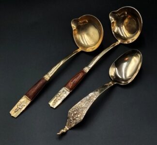 LOT 65 (33016) Est R300 to R600 - A Matching Pair of Mid 20th Century Thai Cast Solid Nickel Bronze (Nickel Brass) and Teakwood Hafted Soup Ladles
