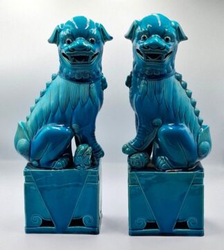 LOT 208 (33016) Est R1000 to R3000 - A Graduated Pair of Vintage Oriental Turquoise Glazed Fo-Dog Statuettes