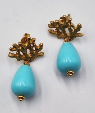 LOT 357 (33081) Est R500 to R1500 - A Pair of Italian Ladies Gilt Metal and Stylised Coral and Turquoise Bead Teardrop Earrings