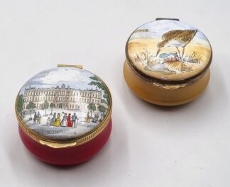 LOT 413 (10000) Est R300 to R600 - 2 x Vintage English Crummles and Co Enamel Souvenir Pillboxes fitted with gilt metal mounts