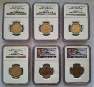 LOT 431 (32959N4) Est R500 to R1500 - A Collection of 6 x NGC Slabbed 2008 Nelson Mandela 90th Birthday 5 Rand coins