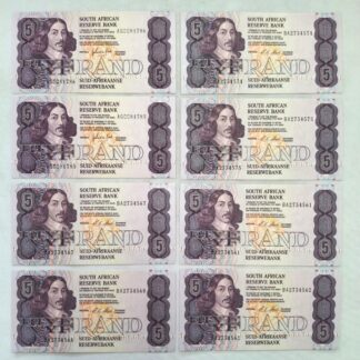 LOT 465 (33065N39) Est R100 to R300 - 8 x South African 5 Rand Bank notes
