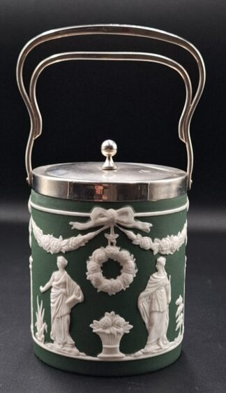 LOT 131 (33007) Est R300 to R600 - A Late Victorian Adams Pottery Glazed Earthenware Biscuit Barrel with EPNS mounts and swing-handle in the style of Josiah Wedgwood