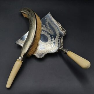 LOT 60 (32945) Est R500 to R1500 - A Late Victorian Electroplate on Brass Crumb Tray and Brush Set fitted with Bone Hafted mounts