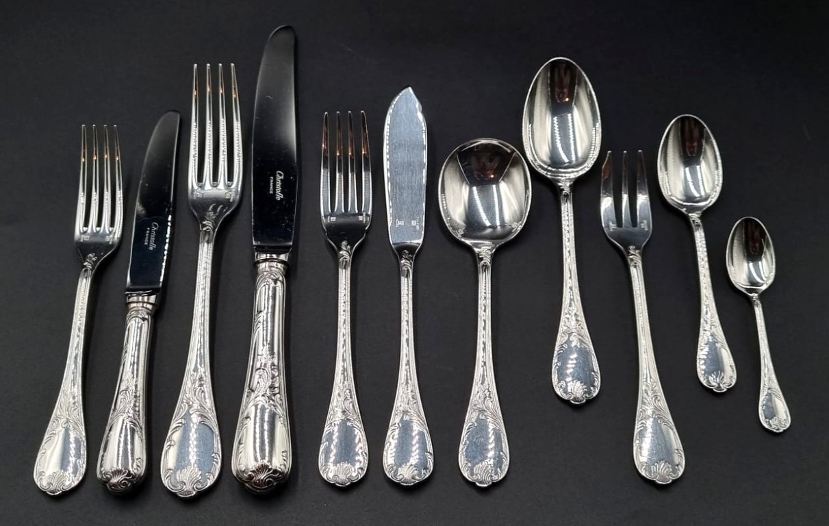 LOT 66 (33100) Est R15000 to R30000 – An Extensive Late 20th Century French Christofle Silverplated Marly pattern Flatware Service for Twelve (132pcs)