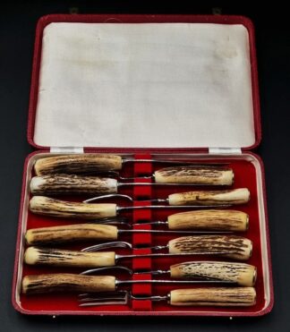 LOT 75 (33065) Est R500 to R1500 - A Set For 6 Mid 20th Century English Stag Horn Hafted Steak Knife/ Venison Set