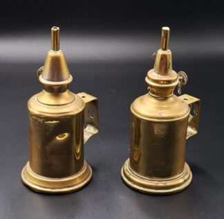 LOT 190 (32979) Est R300 to R600 - 2 x Matched Late 19th Century - Early 20th Century   French Brass  Pigeon Hanging Wall Mount Safety  Patented Portable Mineral Oil Lamps