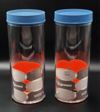 LOT 185 (32755) Est R300 to R600 - A Pair of Postmodern Italian Guzzini Tall Spaghetti Storage Kitchen Canisters with detachable hard plastic blue covers, designed by Giugaro Design
