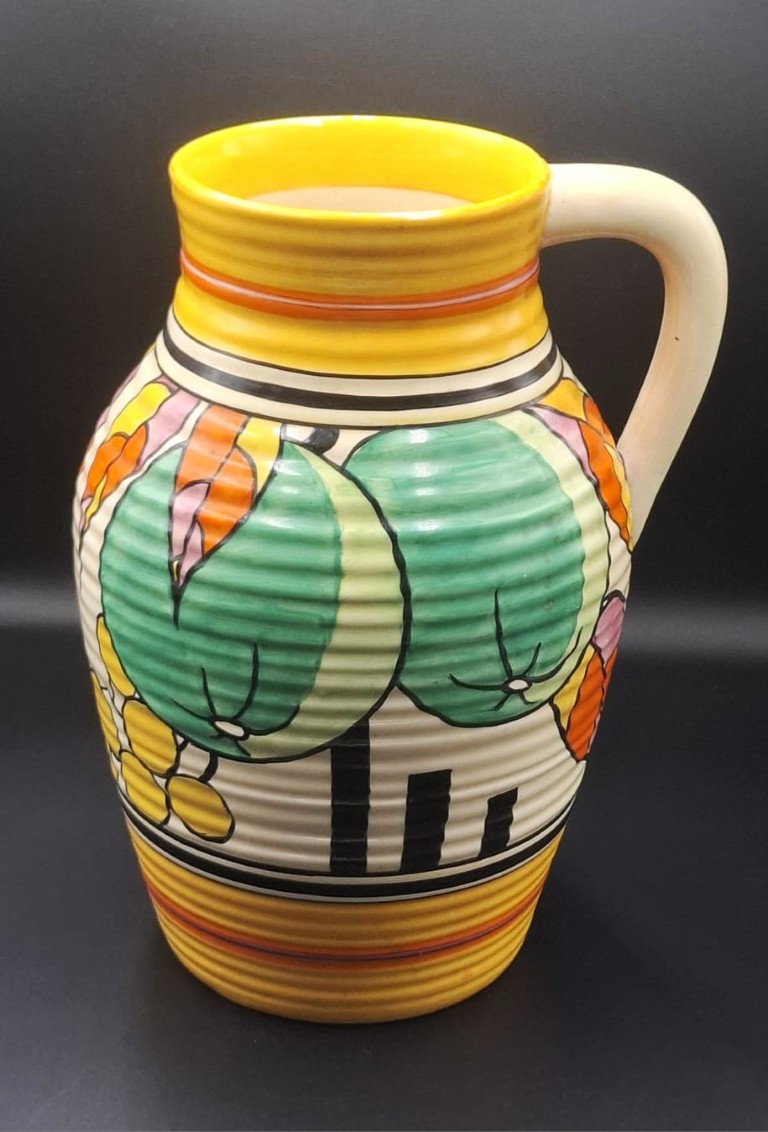 LOT 143 (32974) Est R10000 to R30000 – A Rare Avant-garde Clarice Cliff Fantasque hand-painted Bizarre Newport Pottery Glazed Earthenware New Fruit (Green Apples) Lotus Jug circa 1931-1932