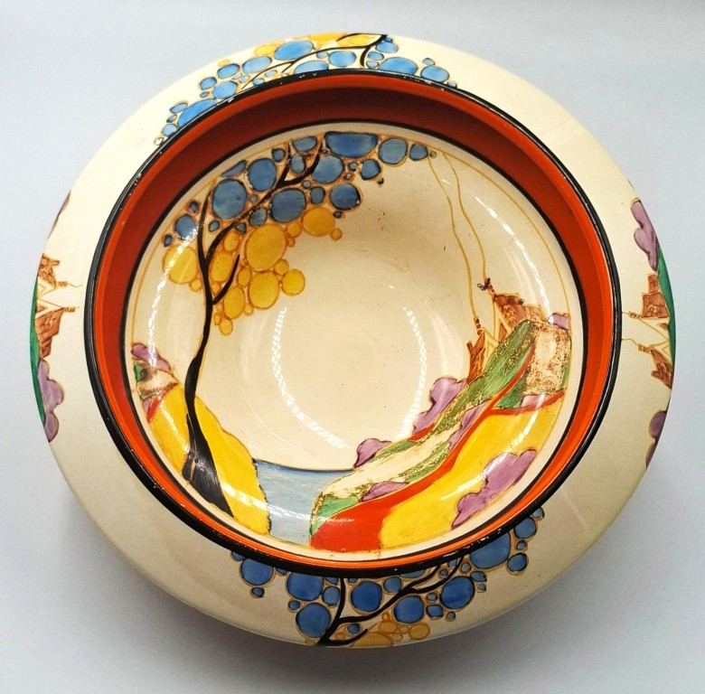 LOT 145 (32974) Est R2000 to R4000 – An Unusual Clarice Cliff Fantasque hand-painted Bizarre Newport Pottery Glazed Earthenware 7 Colour Secrets (Blue) footed Floater/Fruit Bowl circa 1933-1937