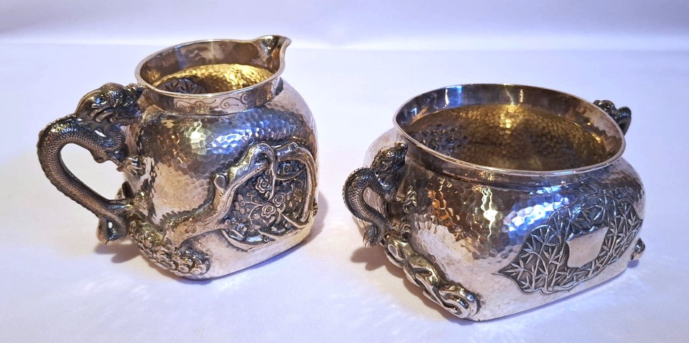 LOT 52 (32974) Est R15000 to R30000 – A Late 19th Century – Early 20th Century Fine Chinese Export Silver Late Qing Dynasty period (1644-1912) Three-piece Dragon Tea Set circa 1900 - Image 7
